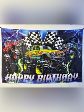 Monster Truck Happy Birthday Backdrop Banner 5x3Ft.